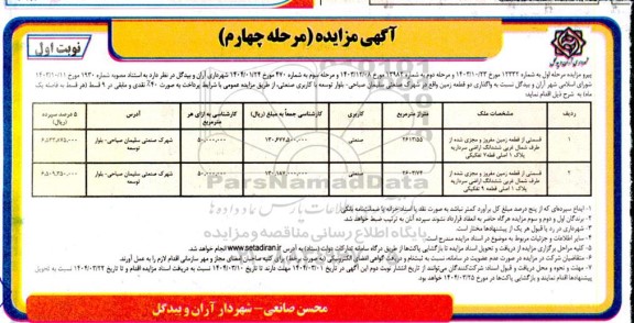 مرحله چهارم مزایده واگذاری دو قطعه زمین