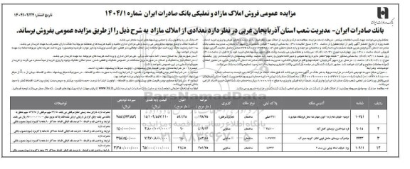 مزایده عمومی فروش املاک مازاد و تملیکی بانک