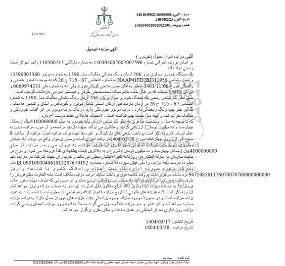 مزایده فروش یک دستگاه خودرو سواری پژو 206 مشکی رنگ