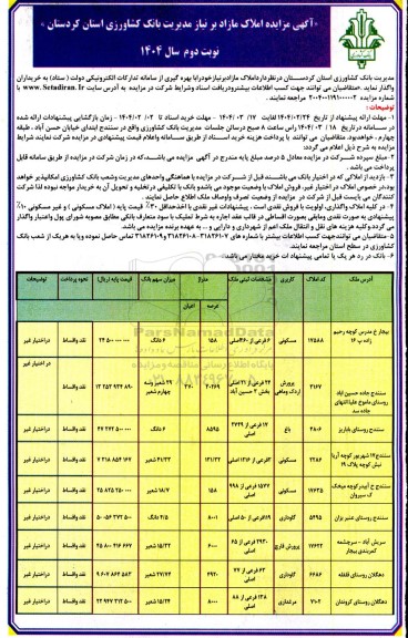 مزایده املاک مازاد بر نیاز - نوبت دوم