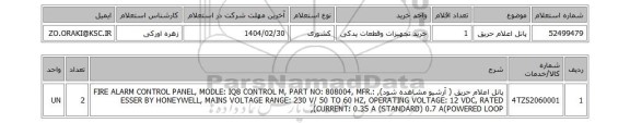 استعلام پانل اعلام  حریق