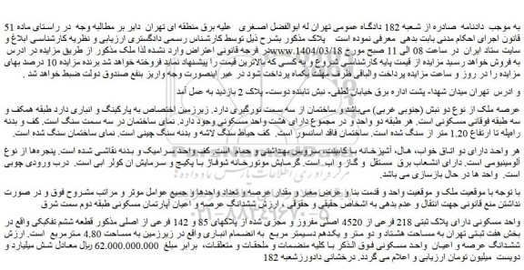مزایده واحد مسکونی دارای پلاک ثبتی 218 فرعی از 4520 اصلی مفروز و مجزی شده از پلاکهای 85 و 142 فرعی از اصلی