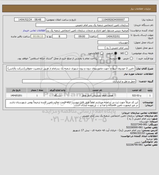 استعلام تامین 2 خودروی سواری جهت ماموریتهای درون و برون شهری شعبه یک بندرامام از طریق شخصیت حقوقی(شرکت یاآژانس)