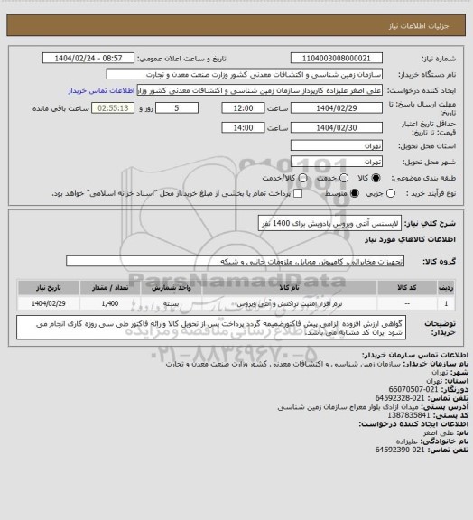 استعلام لایسنس آنتی ویروس پادویش برای 1400 نفر