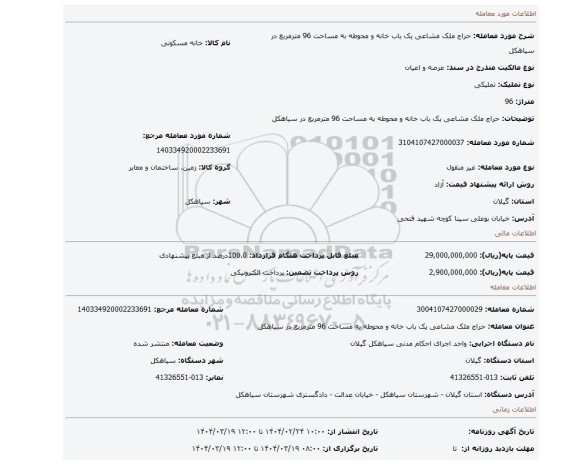 مزایده، حراج ملک مشاعی یک باب خانه و محوطه به مساحت 96 مترمربع در سیاهکل