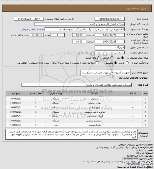استعلام تجهیزات آشپزخانه رستوران طبق لیست پیوست: