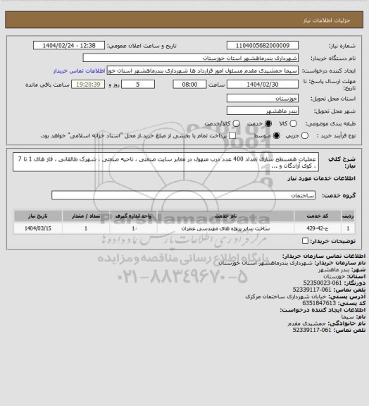 استعلام عملیات همسطح سازی تعداد 400 عدد درب منهول در معابر سایت صنعتی ، ناحیه صنعتی ، شهرک طالقانی ، فاز های 1 تا 7 ، کوی آزادگان و ...