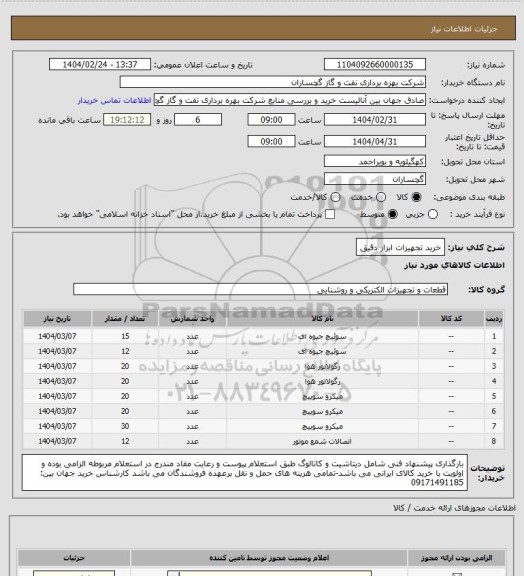 استعلام خرید تجهیزات ابزار دقیق