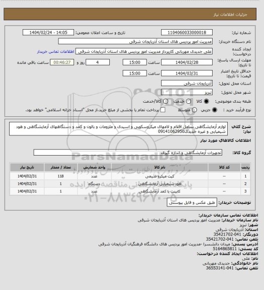 استعلام لوازم آزمایشگاهی شامل اقلام و لامهای میکروسکوپی و اسیدی و ملزومات و بالون و کمد و دستگاههای آزمایشگاهی و هود شیمیایی و غیره جدیدی09141062950