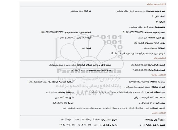 مزایده، دستور فروش ملک مشاعی