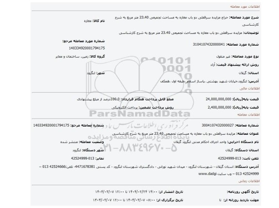 مزایده، مزایده سرقفلی دو باب مغازه به مساحت تجمیعی 23.40 متر مربع به شرح کارشناسی