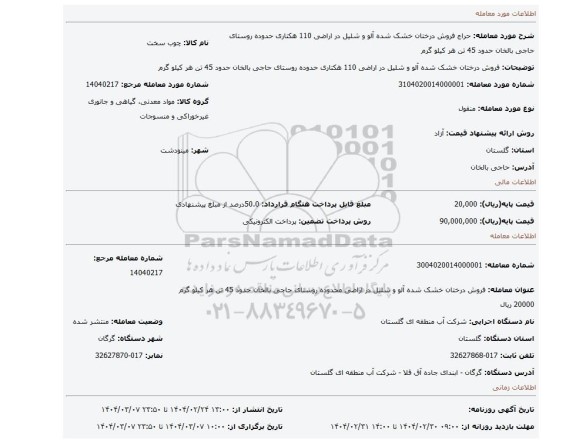 مزایده، فروش درختان خشک شده آلو و شلیل در اراضی 110 هکتاری حدوده روستای حاجی بالخان حدود 45 تن هر کیلو گرم