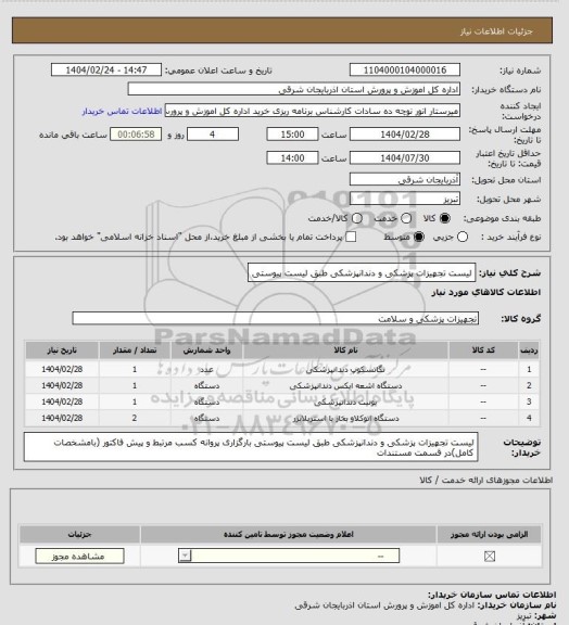 استعلام لیست تجهیزات پزشکی و دندانپزشکی طبق لیست پیوستی