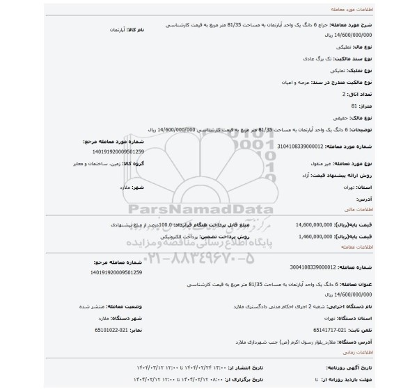 مزایده، 6 دانگ یک واحد آپارتمان به مساحت 81/35 متر مربع به قیمت کارشناسی 14/600/000/000 ریال