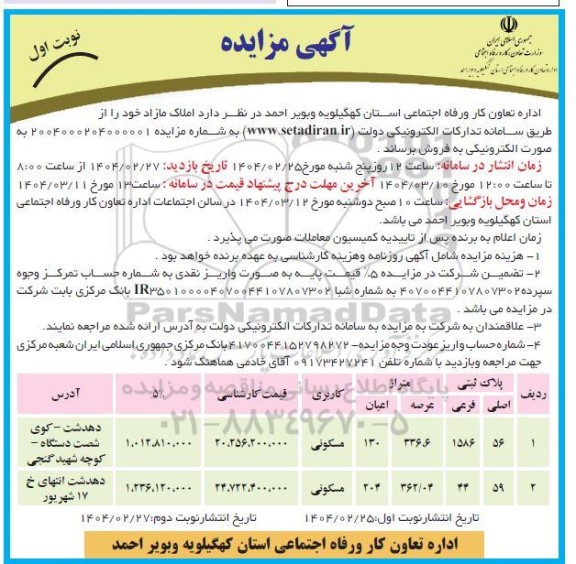 مزایده فروش املاک مازاد کاربری مسکونی 