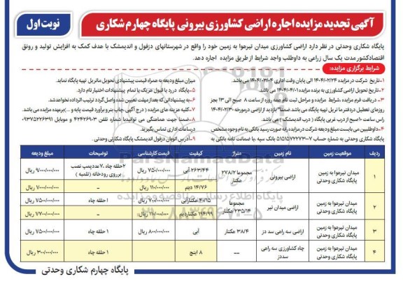 تجدید مزایده اجاره اراضی کشاورزی بیرونی
