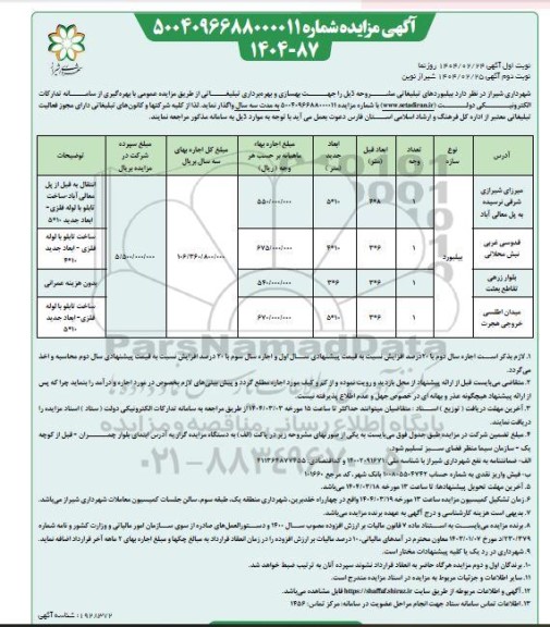 مزایده جهت بهسازی و بهره برداری تبلیغاتی...- نوبت دوم