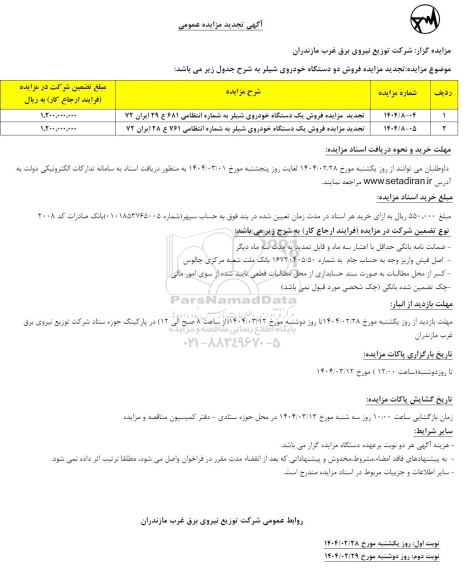 تجدید مزایده عمومی فروش دو دستگاه خودروی شیلر اسقاط