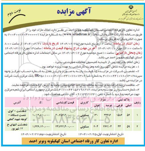 مزایده فروش املاک مازاد کاربری مسکونی / نوبت دوم