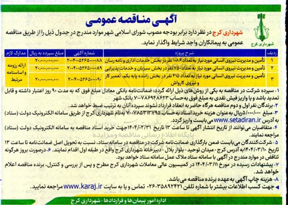 مناقصه تامین و مدیریت نیروی انسانی............