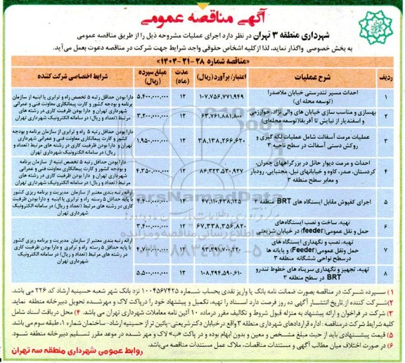 مناقصه احداث مسیر تندرستی خیابان ملاصدرا......