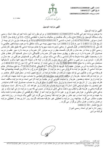 مزایده یک دستگاه اتومبیل پژو 206 هاچ بگ