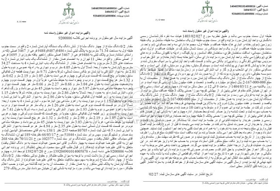 مزایده یک دانگ مشاع از چهار دانگ مشاع از شش دانگ یک دستگاه آپارتمان