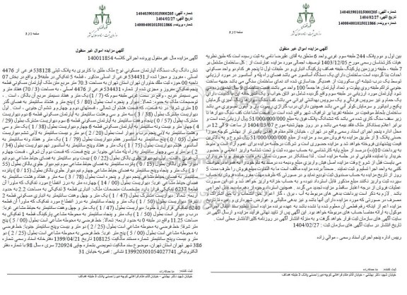 مزایده ششدانگ یک دستگاه آپارتمان مسکونی بخش07 