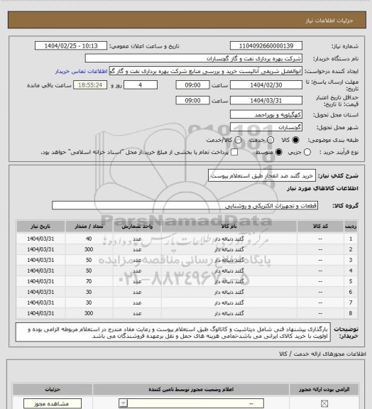 استعلام خرید گلند ضد انفجار طبق استعلام پیوست