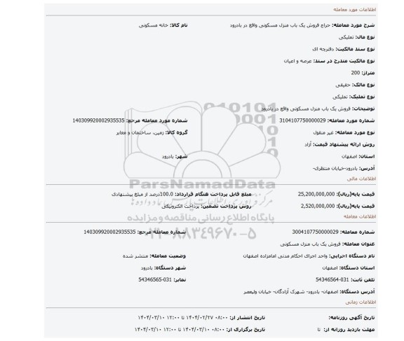 مزایده، فروش  یک باب منزل مسکونی واقع در بادرود