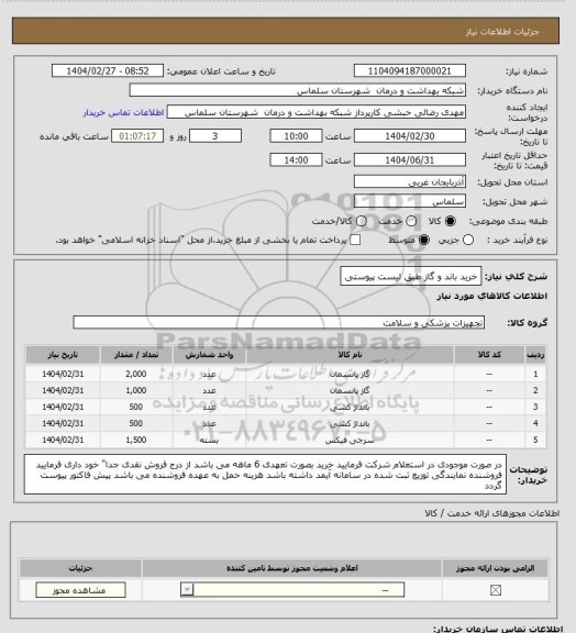 استعلام خرید باند و گاز طبق لیست پیوستی