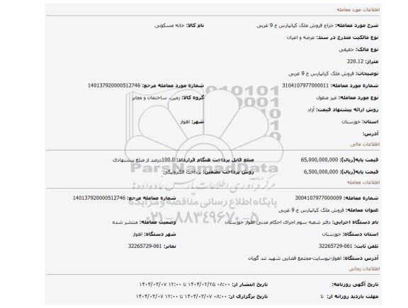 مزایده، فروش ملک کیانپارس خ 9 غربی