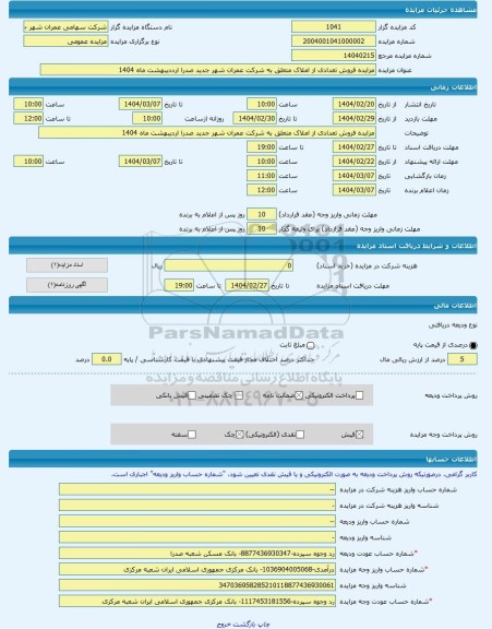 مزایده ، مزایده فروش تعدادی از املاک متعلق به شرکت عمران شهر جدید صدرا ارددیبهشت ماه 1404 -مزایده زمین - استان فارس