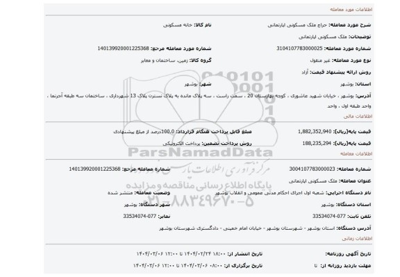 مزایده، ملک مسکونی اپارتمانی