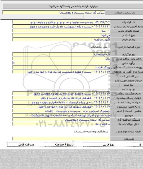 مناقصه, تهیه مصالح و اجرای توسعه شبکه و ۸۰۰ انشعاب شهرستان زاهدان