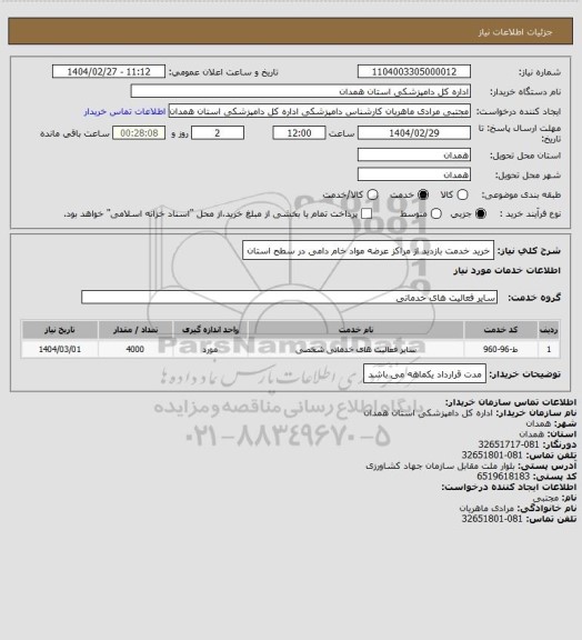 استعلام خرید خدمت بازدید از مراکز عرضه مواد خام دامی در سطح استان