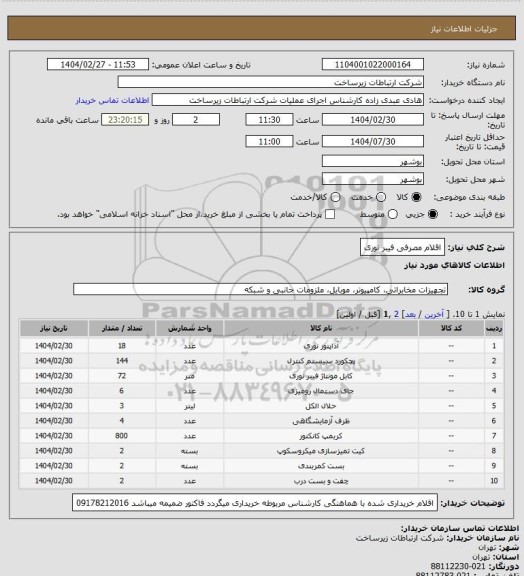 استعلام اقلام مصرفی فیبر نوری
