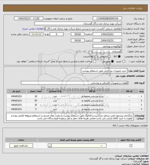 استعلام خرید تجهیزات روشنایی طبق استعلام پیوست
