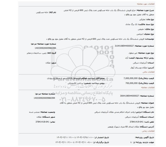 مزایده، فروش ششدانگ یک باب خانه مسکونی تحت پلاک ثبتی 600 فرعی از 42 اصلی متعلق به آقای عقیل محمد پور واقع د