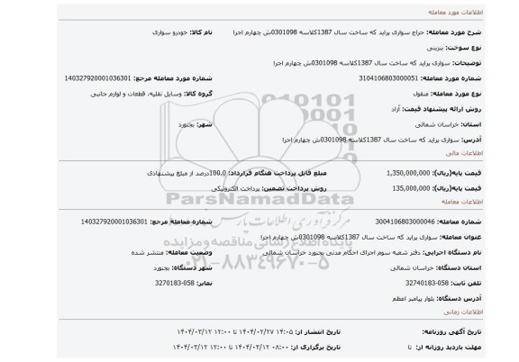مزایده، سواری پراید که ساخت سال 1387کلاسه 0301098ش چهارم اجرا