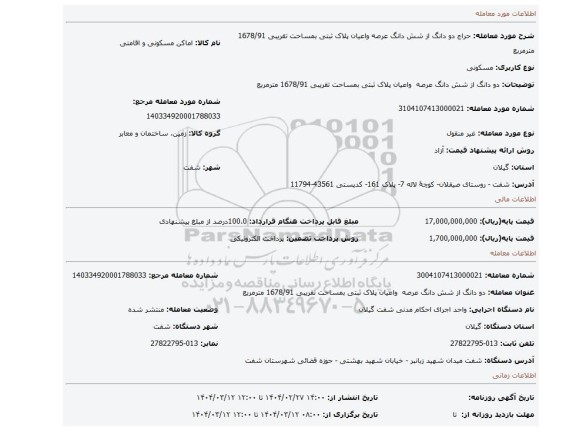 مزایده، دو دانگ از شش دانگ عرصه واعیان پلاک ثبتی بمساحت تقریبی 1678/91 مترمربع
