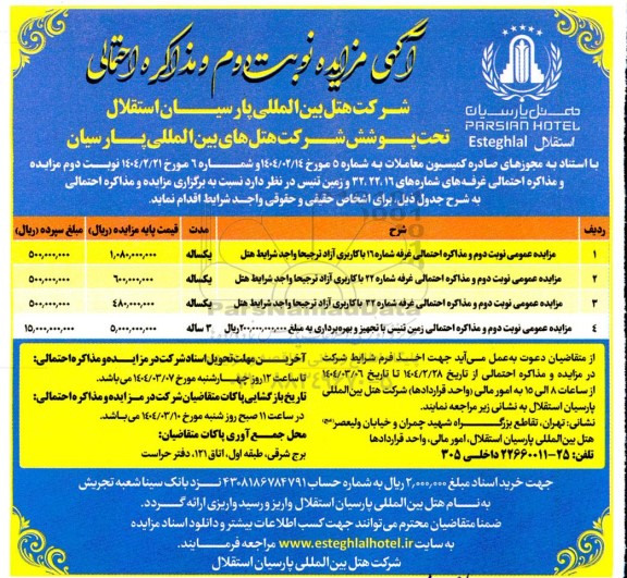 مزایده زمین تنیس و غرفه های شماره 32، 22، 16 - نوبت دوم