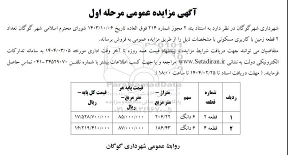 مزایده فروش 2 قطعه  زمین با کاربری مسکونی