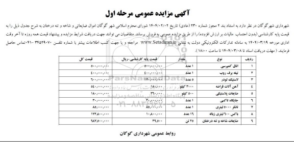 آگهی مزایده عمومی فروش  اموال ضایعاتی و شاخه و تنه درختان