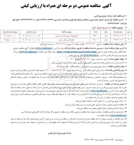 مناقصه انواع چوک مسی (بالاست ) .........