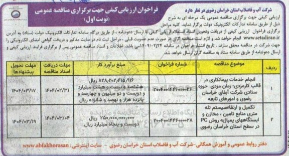 فراخوان ارزیابی کیفی انجام خدمات پیمانکاری در قالب کارمزدی ....