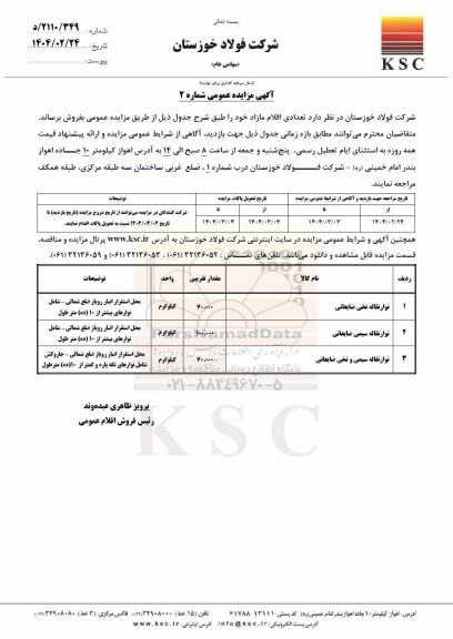 مزایده عمومی فروش اقلام مازاد، نوار نقاله نخی ضایعاتی...