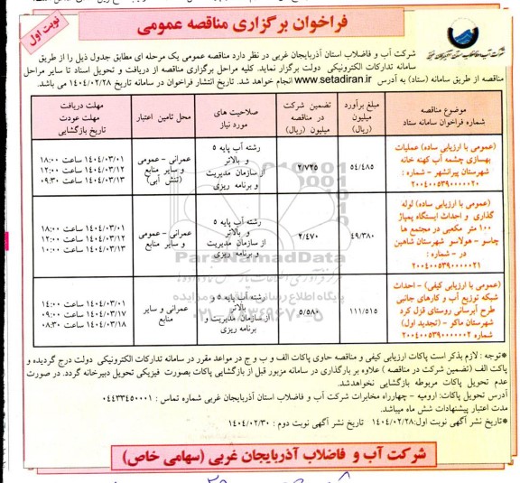 مناقصه عملیات بهسازی چشمه آب...