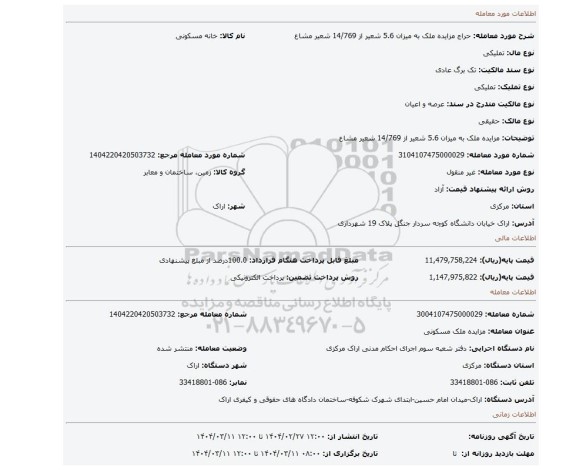 مزایده، مزایده ملک به میزان 5.6 شعیر از 14/769 شعیر مشاع