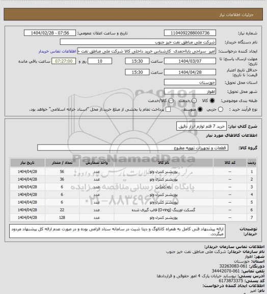 استعلام خرید 7 قلم لوازم ابزار دقیق